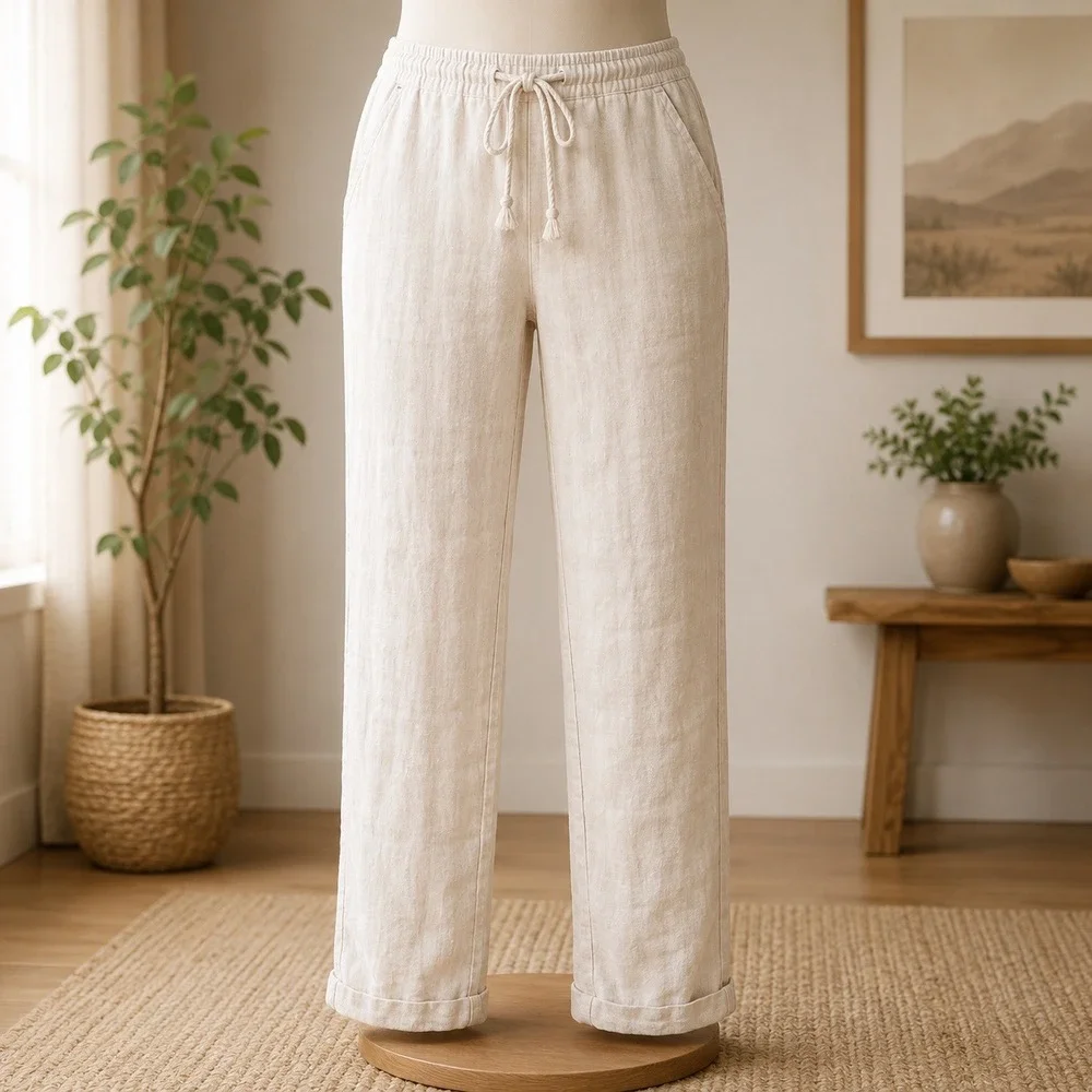 Zara Linen Drawstring Pants Mens 32 Beige Straight Leg Casual Summer Beach 2439